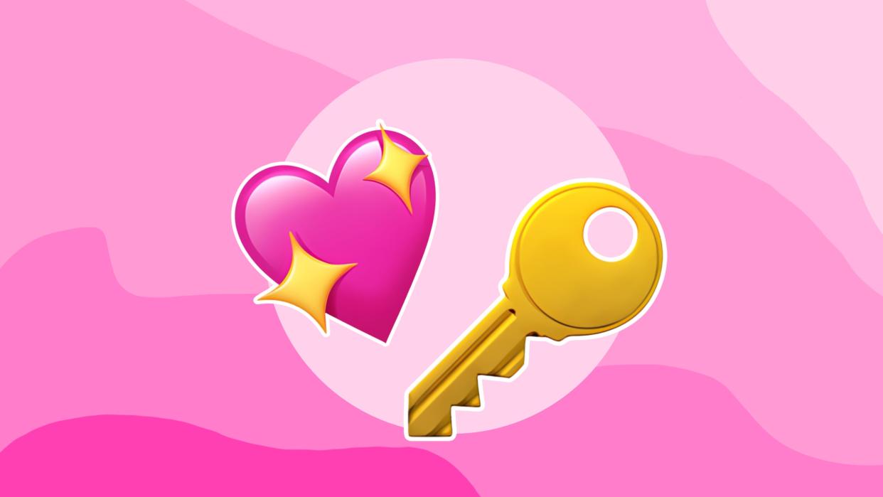  A sparkle heart and a key emoji on a pink circle with a pink wavy background 