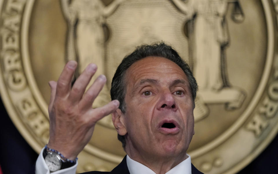 Gov. Andrew Cuomo holds a news conference in New York on Monday, May, 3, 2021, to announce that capacity restrictions for most types of businesses will end statewide beginning May 19. (Timothy A. Clary/Pool via AP)