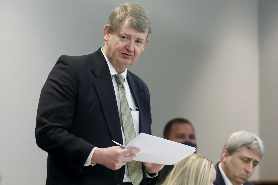 Defense attorney Kevin Gough speaks during the trial of Greg McMichael and his son, Travis McMichael, and a neighbor, William "Roddie" Bryan at the Glynn County Courthouse, Friday, Nov. 19, 2021, in Brunswick, Ga. The three are charged with the February 2020 slaying of 25-year-old Ahmaud Arbery. (Octavio Jones/Pool Photo via AP)