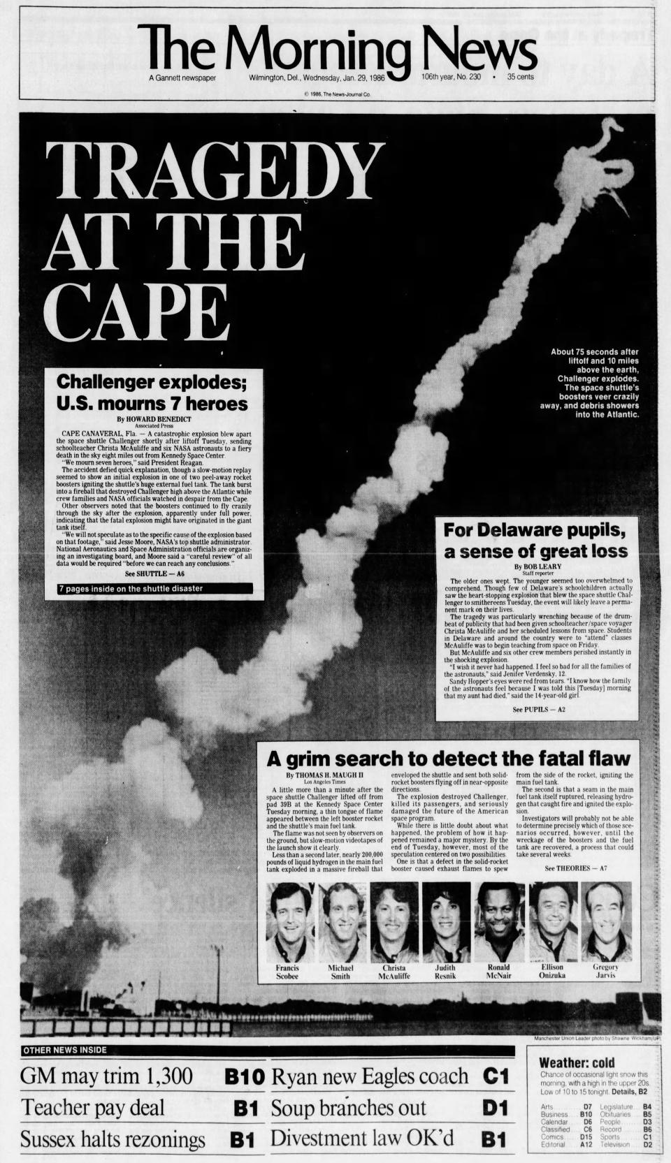 Front page of The Morning News from Jan. 29, 1986.