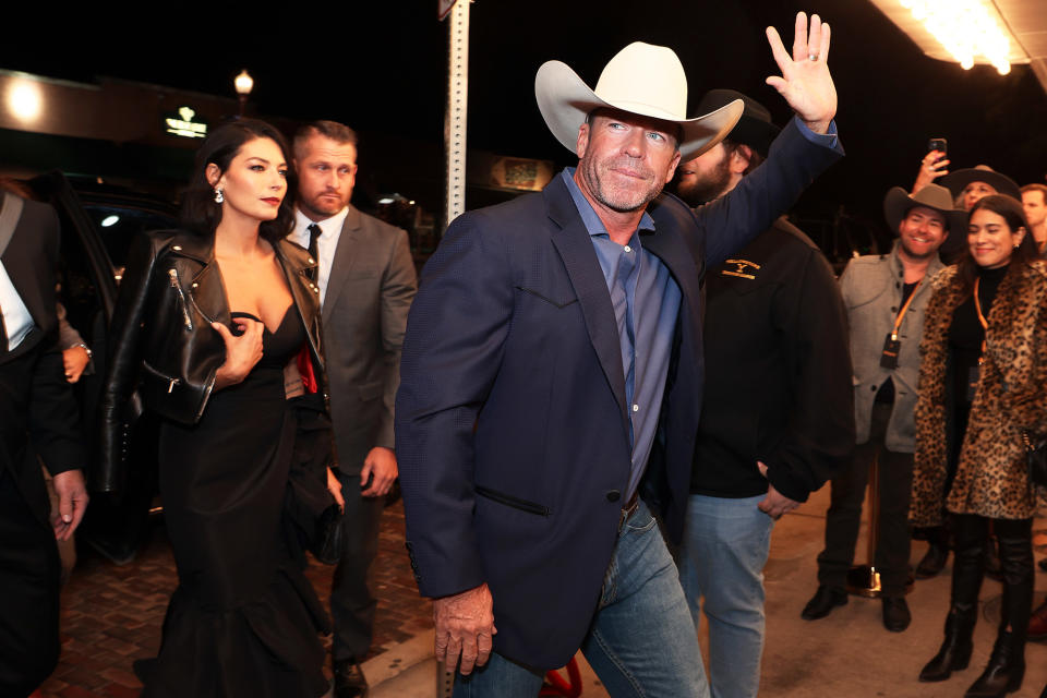 Taylor Sheridan and his wife, Nicole Sheridan, arrive at the premiere for Yellowstone Season 5 at Hotel Drover, on Nov. 13, 2022, in Fort Worth, Texas.