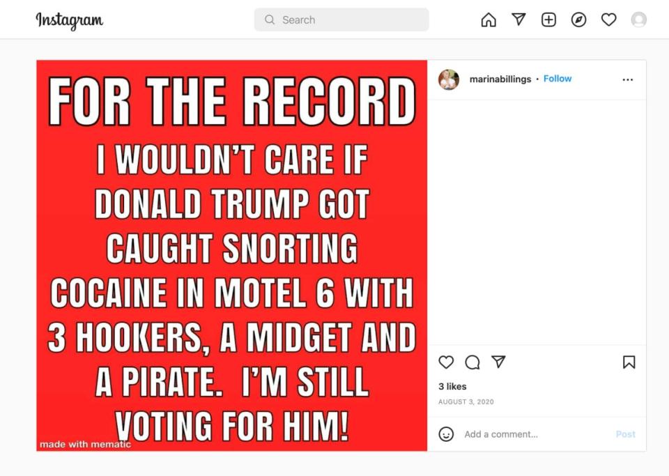 <div class="inline-image__caption"><p>Billings was a big Trump fan, according to her now-deleted Instagram account.</p></div> <div class="inline-image__credit">Instagram</div>