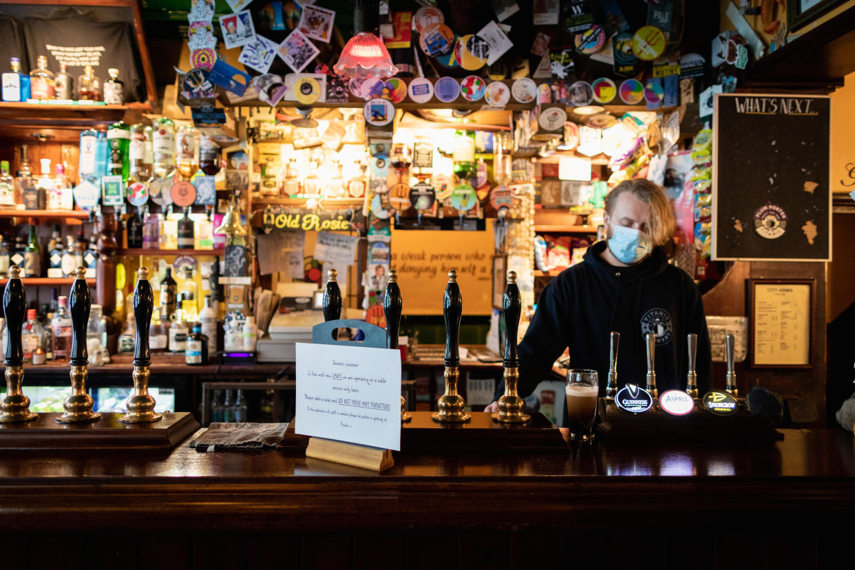  An employee Josh starts the day at the City Arms pub ahead of the city during covid 19 pandemic.
Last day of trading for some local businesses as a Tier 3 lockdown has been enforced on the city and surrounding region, to try and slow down the spread of COVID-19. (Photo by Andy Barton / SOPA Images/Sipa USA) 