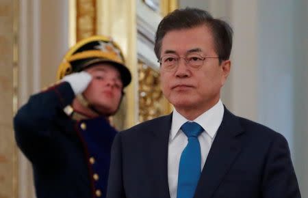 South Korean President Moon Jae-in enters a hall before a meeting with Russian President Vladimir Putin at the Kremlin in Moscow, Russia June 22, 2018. REUTERS/Sergei Karpukhin