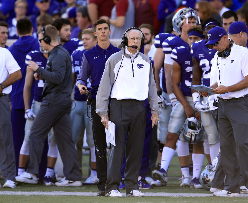 Kansas State head coach Bill Snyder during the first half of an NCAA college football game against Iowa State in Manhattan, Kan., Saturday, Nov. 25, 2017. (AP Photo/Orlin Wagner)