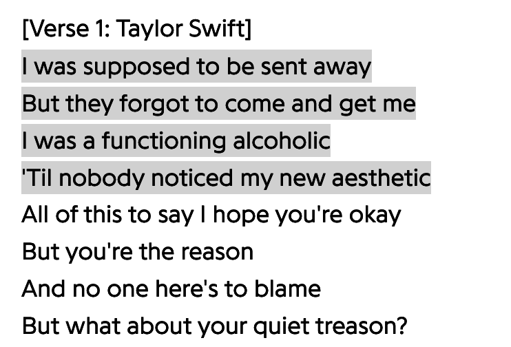 Screenshot of Taylor Swift's "Fortnight" lyrics
