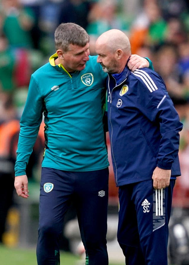 Republic of Ireland manager Stephen Kenny and Scotland counterpart Steve Clarke embrace after the game at the Aviva Stadium