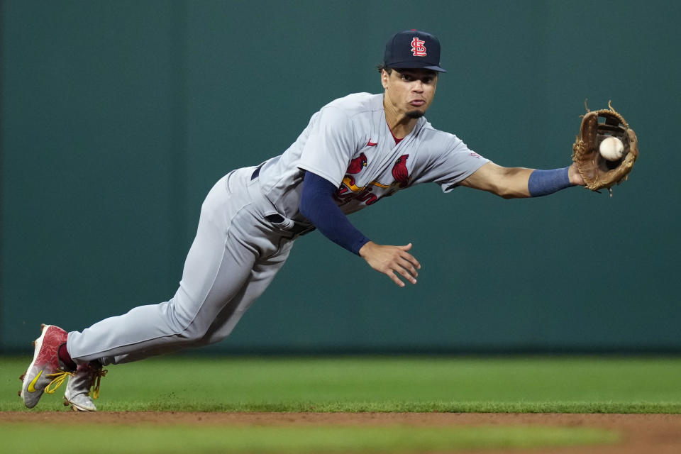 St. Louis Cardinals shortstop Masyn Winn fields a ground out by Philadelphia Phillies' Alec Bohm during the seventh inning of a baseball game, Friday, Aug. 25, 2023, in Philadelphia. (AP Photo/Matt Slocum)