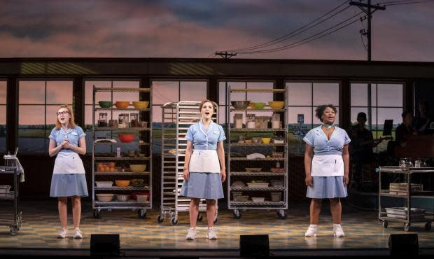 The Argus: WAITRESS. Evelyn Hoskins 'Dawn', Chelsea Halfpenny 'Jenna' and Wendy Mae Brown 'Becky'. Photo Johan Persson