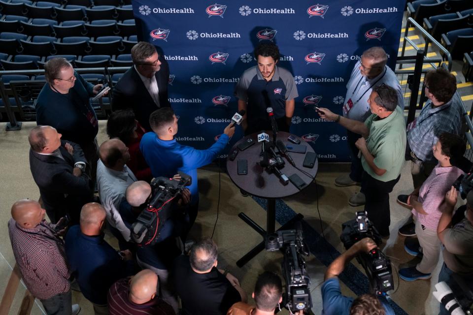 Blue Jackets forward Johnny Gaudreau speaks during media day prior to the start of training camp at Nationwide Arena.