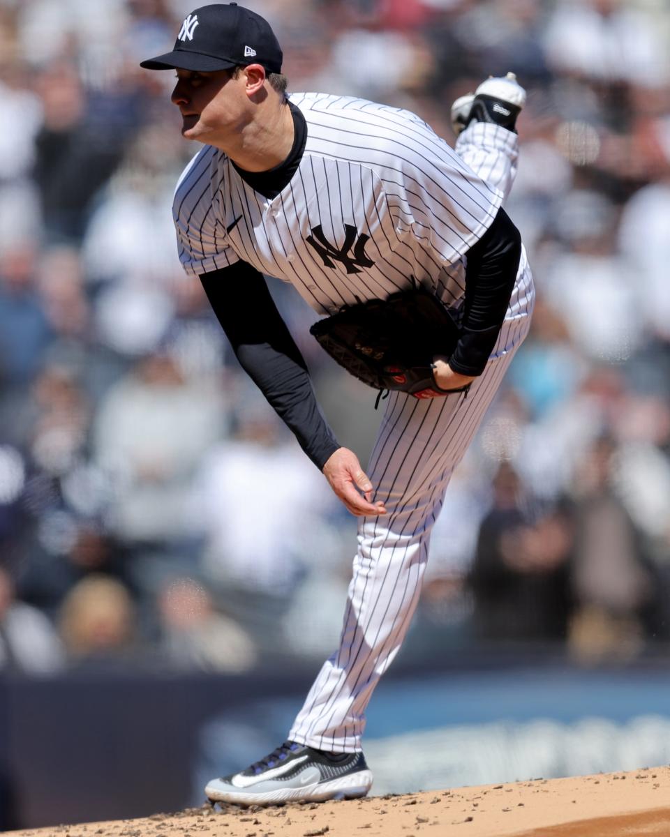 Mar 30, 2023; Bronx, New York, USA; New York Yankees starting pitcher Gerrit Cole (45) follows through on a pitch against the San Francisco Giants during the first inning at Yankee Stadium. Mandatory Credit: Brad Penner-USA TODAY Sports