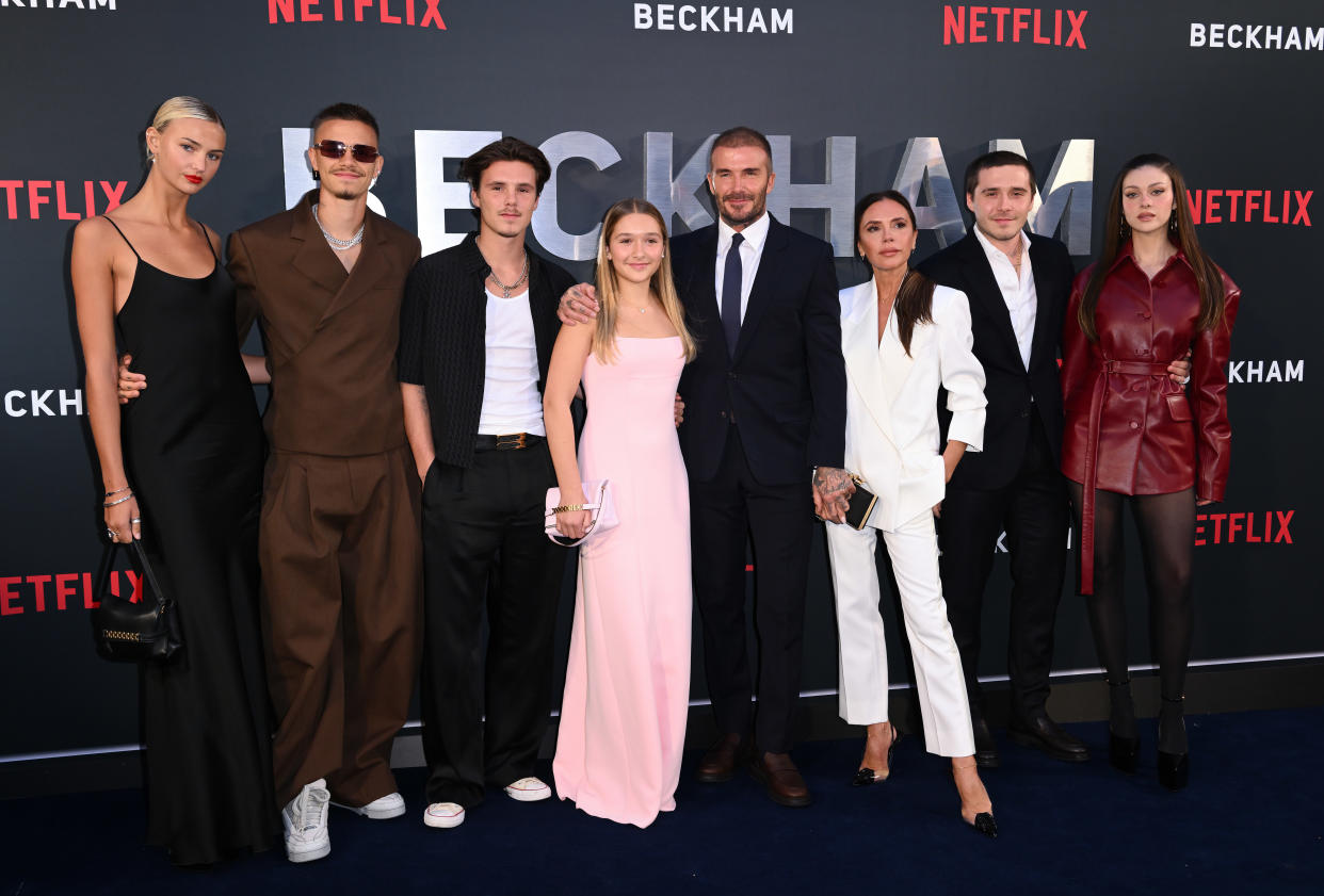 Mia Regan, Romeo Beckham, Cruz Beckham, Harper Beckham, David Beckham, Victoria Beckham, Brooklyn Beckham and Nicola Peltz