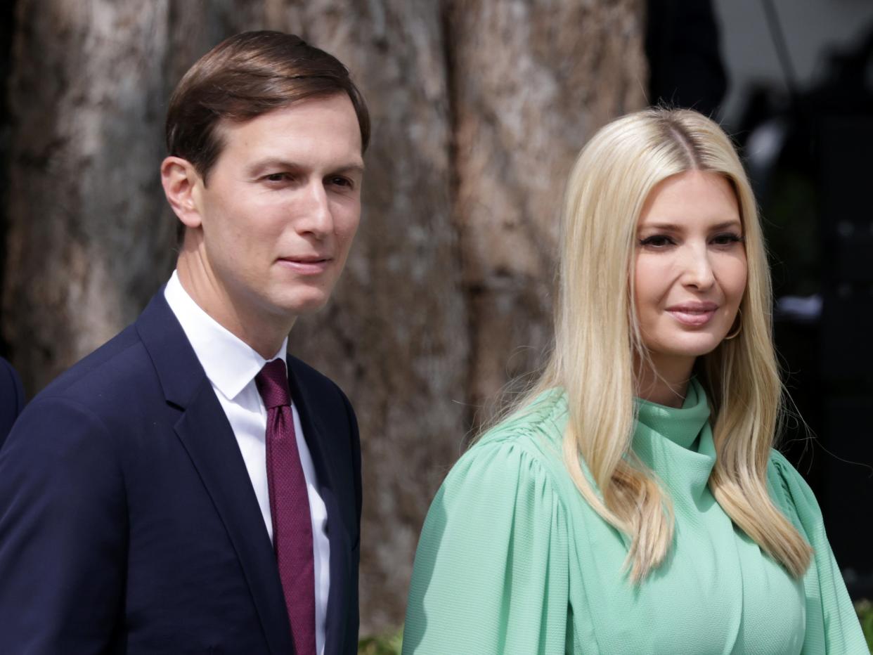 <p>Special adviser to the president Jared Kushner (L) and Ivanka Trump arrive to the signing ceremony of the Abraham Accords on the South Lawn of the White House 15 September 2020 in Washington, DC</p> ((Getty Images))