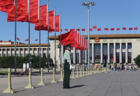 Chinese flags flutter at Tiananmen Square ahead of the Belt and Road Forum in Beijing, China May 13, 2017. REUTERS/Stringer