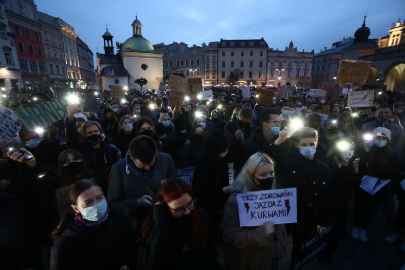 People protest against imposing further restrictions on abortion law in Krakow