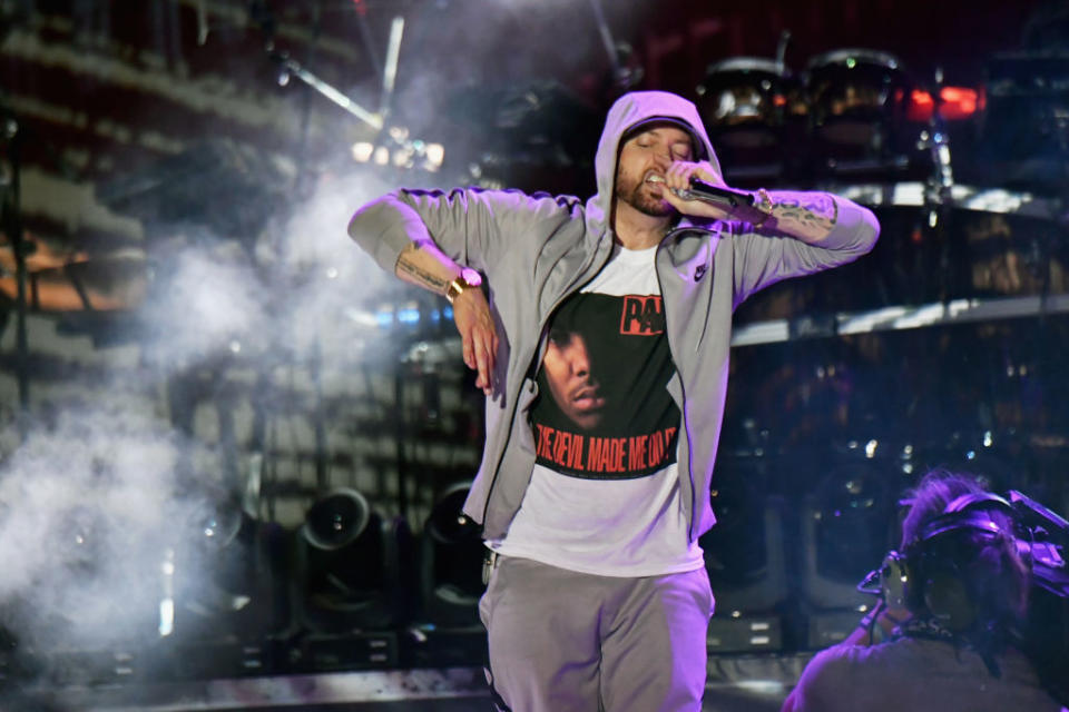 MANCHESTER, TN – JUNE 09: Eminem performs on What Stage during day 3 of the 2018 Bonnaroo Arts And Music Festival on June 9, 2018 in Manchester, Tennessee. (Photo by Jeff Kravitz/FilmMagic for Bonnaroo Arts And Music Festival)