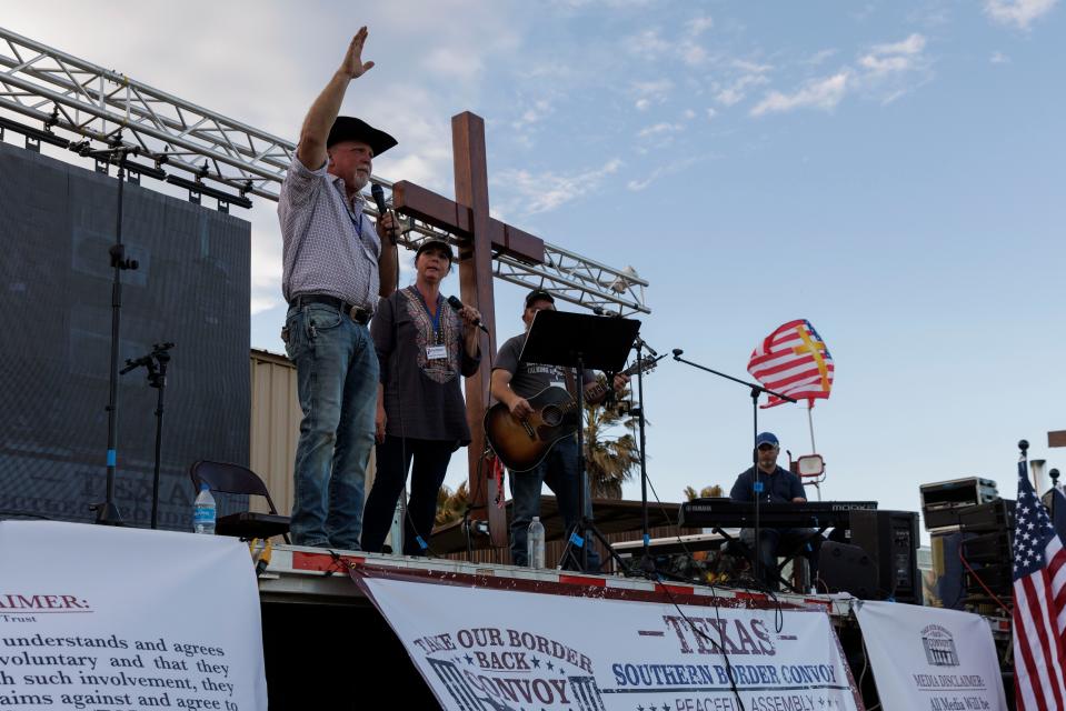 Pastor Rod Parker leads a worship service during the "Take Our Border Back" convoy rally Feb. 3, 2024 near Quemado, Texas.