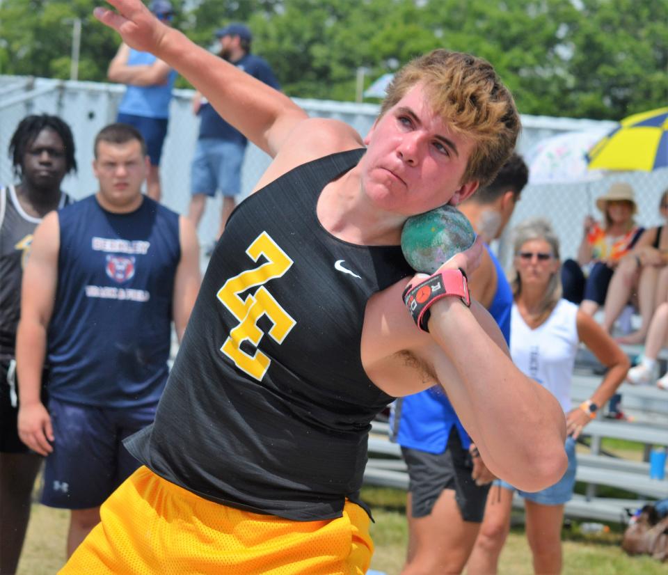 Zeeland East's Parker Williams competes in the shot put during the Division 1 state finals on Saturday, June 3, 2023, at Rockford High School.
