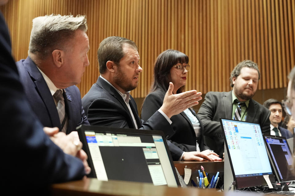 Arizona state senator Jake Hoffman, R-District 15, motions as he speaks to the Senate President, Wednesday, May 1, 2024, at the Capitol in Phoenix. (AP Photo/Matt York)