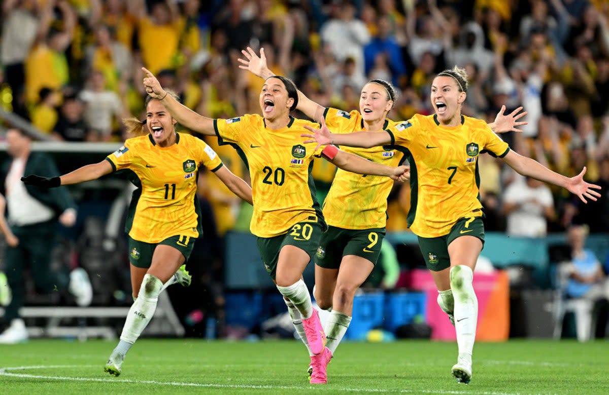 Kerr celebrates Australia’s penalty shootout victory against France in the quarter-finals (Getty)