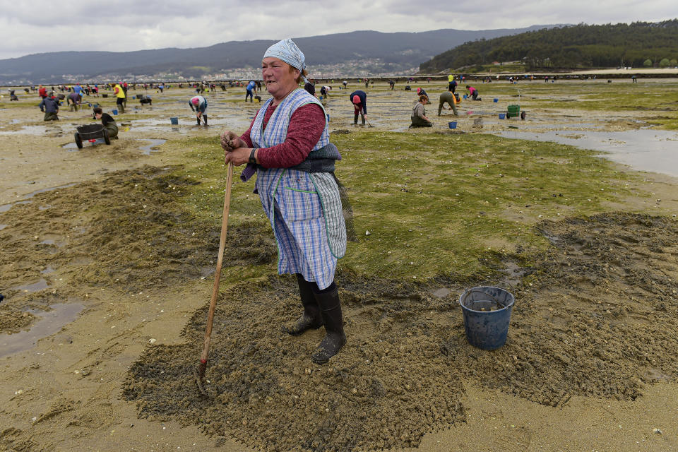 Clam digger Dolores Pazos, 62, pauses as she removes the sand looking for clams in the lower estuary of Lourizan in Galicia, northern Spain, Thursday, April 20, 2023. They fan out in groups, mostly women, plodding in rain boots across the soggy wet sands of the inlet, making the most of the low tide. These are the clam diggers, or as they call themselves, "the peasant farmers of the sea." (AP Photo/Alvaro Barrientos)