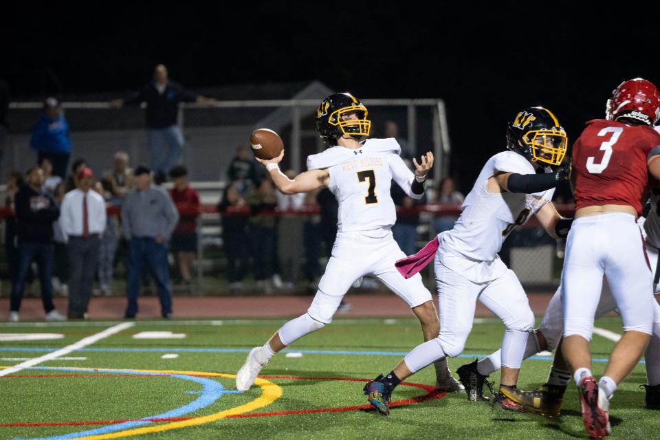 Sep 22, 2023; Wanaque, NJ, USA; West Milford football at Lakeland Regional High School. WM #7 QB Aydin Deane in the fourth quarter. Mandatory Credit: Michael Karas-The Record