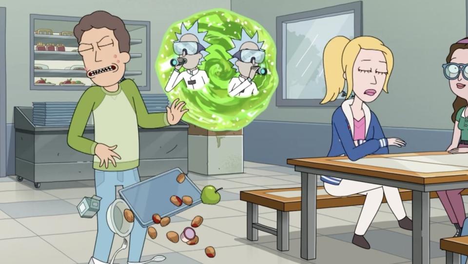 Two Ricks inside a green portal spit darts at teenage Jerry and Beth in their high school cafeteria 