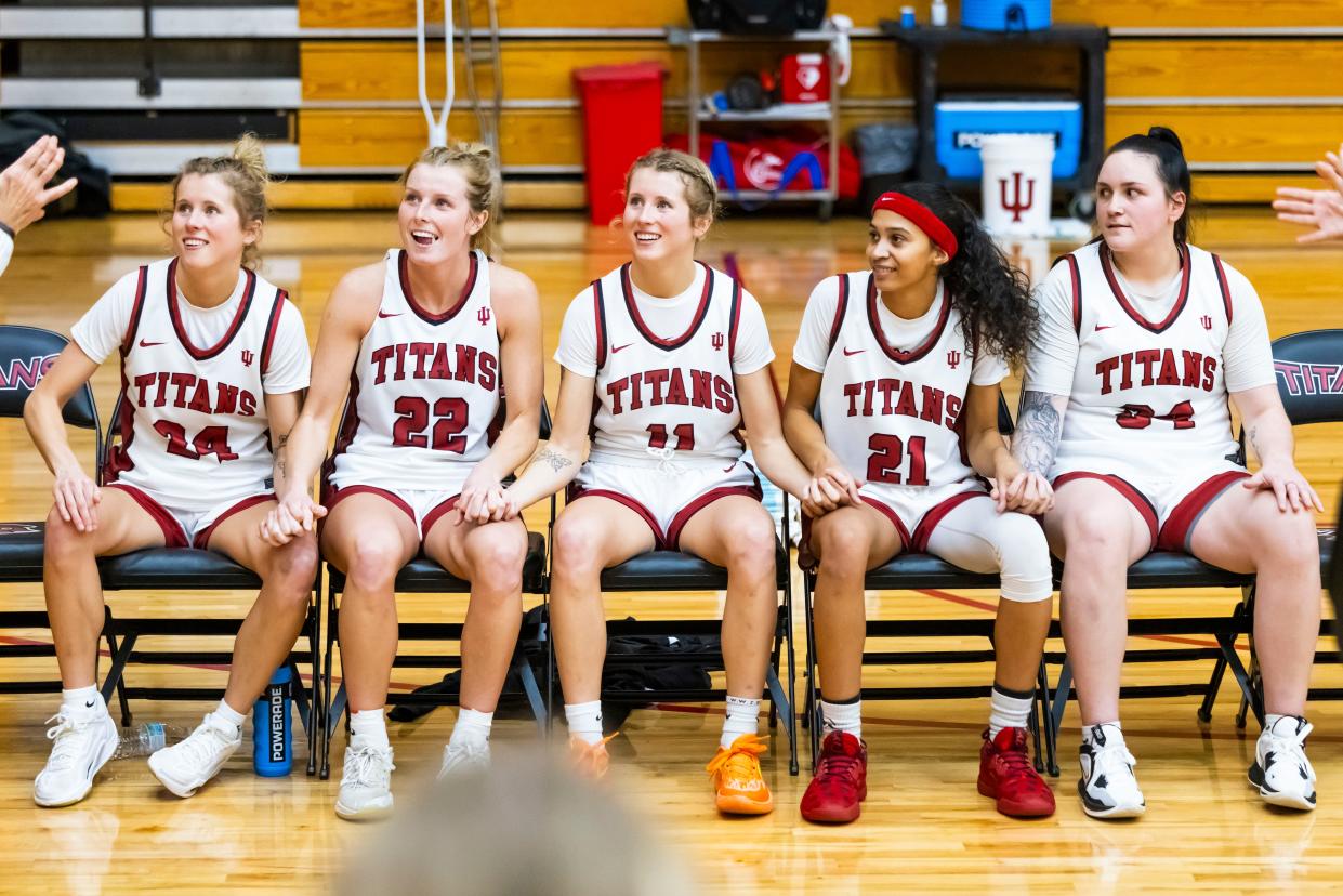 Starters Maddie Gard (24), from left, Emma Fisher (22) Katie Gard (11) Jazmen Watts (21) Tenleigh Phelps (34) before the IU South Bend vs. Saint Xavier women’s basketball game Wednesday, Jan. 10, 2024 on campus at IUSB. (Photo courtesy of IU South Bend)