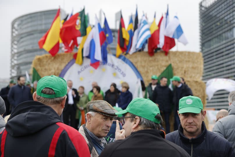 Οι αγρότες συγκεντρώνονται μπροστά από το Ευρωπαϊκό Κοινοβούλιο στο Στρασβούργο τον Μάρτιο του 2024
