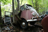 <p>Here’s one for all you Volkswagen fans. This rare split-screen T1 bus has literally been raised off the ground by a couple of trees growing out of its wheel arch. It’s one of several automotive wood sculptures we spotted at Old Car City, including a tree with a Mustang hubcap embedded in its trunk. We found this one in <strong>Old Car City</strong>, in White, Georgia.</p>