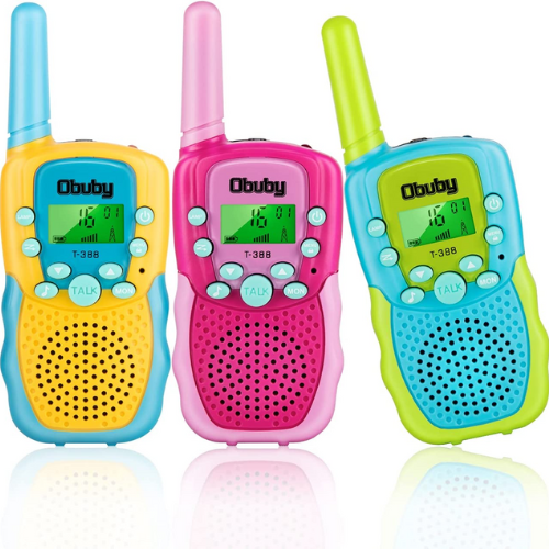 three kids Obuby walkie talkies against white background