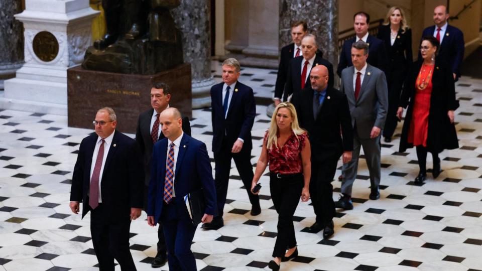 PHOTO: US House impeachment managers deliver articles of impeachment for Homeland Security Secretary Alejandro Mayorkas to the Senate the Capitol on April 16, 2024.  (Julia Nikhinson/AFP via Getty Images)