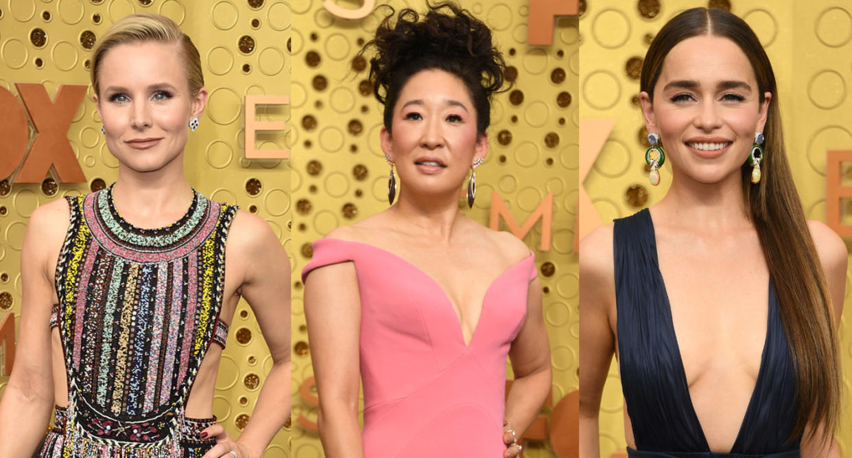 Kristen Bell, Sandra Oh and Emilia Clarke arrive at the Emmys 2019. (Photo: Getty Images)