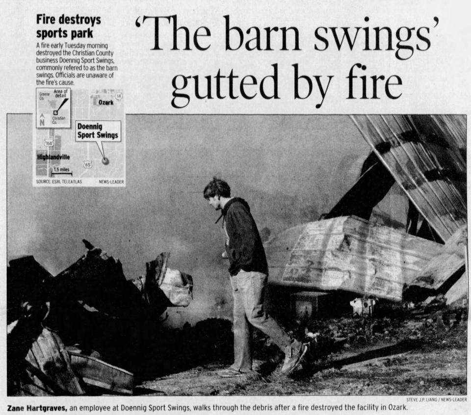 A newspaper clipping about a fire that destroyed a barn at Doenning Sport Swings in Ozark, published on Jan. 4, 2006.