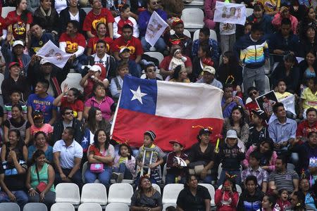 Chileans hold their national flag as they wait for the mass held in memory of the late screenwriter Roberto Gomez Bolanos to begin at the Azteca stadium in Mexico City November 30, 2014. REUTERS/Tomas Bravo