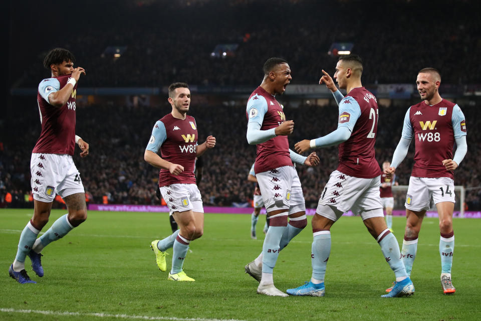 BIRMINGHAM, ENGLAND - NOVEMBER 25: Anwar El Ghazi of Aston Villa celebrates scoring  their 2nd goal among team mates during the Premier League match between Aston Villa and Newcastle United at Villa Park on November 25, 2019 in Birmingham, United Kingdom. (Photo by Marc Atkins/Getty Images)