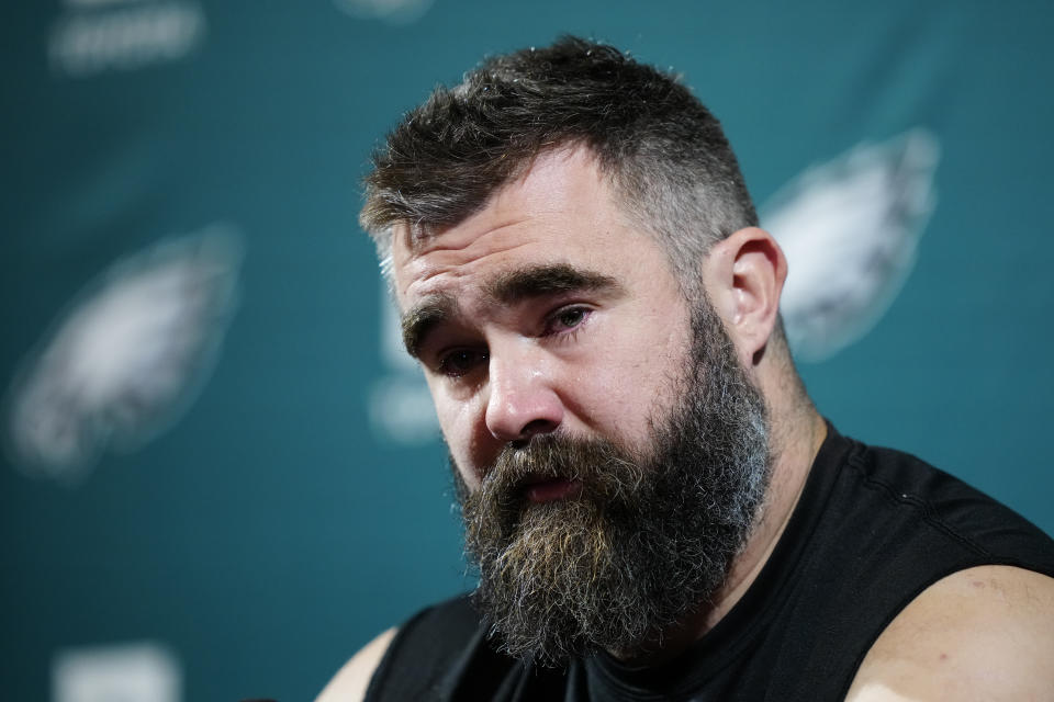 Philadelphia Eagles' Jason Kelce speaks during an NFL football press conference announcing his retirement in Philadelphia, Monday, March 4, 2024. (AP Photo/Matt Rourke)