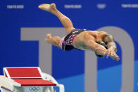 Caeleb Dressel, of the United States, dives off the starting block in the men's 50-meter freestyle final at the 2020 Summer Olympics, Sunday, Aug. 1, 2021, in Tokyo, Japan. (AP Photo/David Goldman)