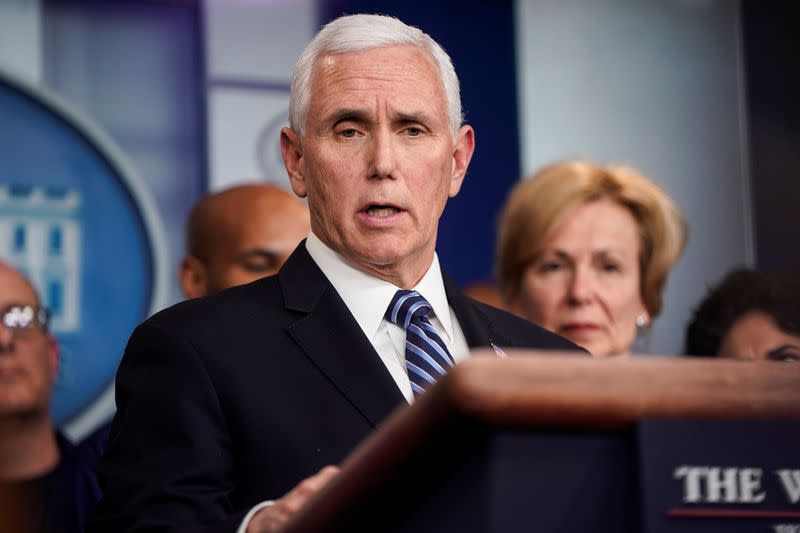 U.S. Vice President Pence speaks during a news briefing on the administration's response to the coronavirus in Washington.