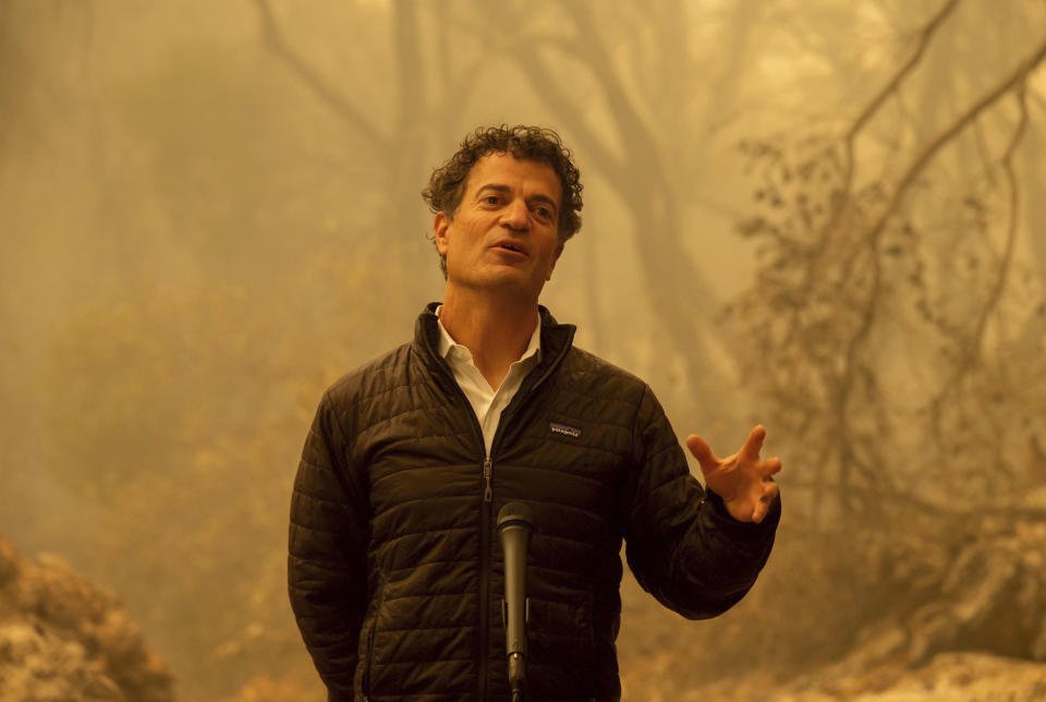 California Secretary for Environmental Protection Jared Blumenfeld talks to the media after he toured the North Complex Fire zone with Gov. Gavin Newsom and California Secretary for Natural Resources Wade Crowfoot, on Friday, Sept. 11, 2020, in Butte County, outside of Oroville, Calif. (Paul Kitagaki Jr/The Sacramento Bee via AP, Pool)