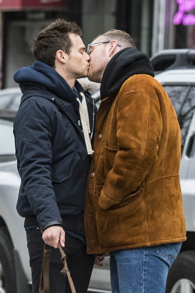 <p>The soulful singer looked very in tune with his boyfriend, Brandon Flynn, as they stopped to smooch on the streets of New York on Monday. (Photo: MMV/BACKGRID)<br><br></p>