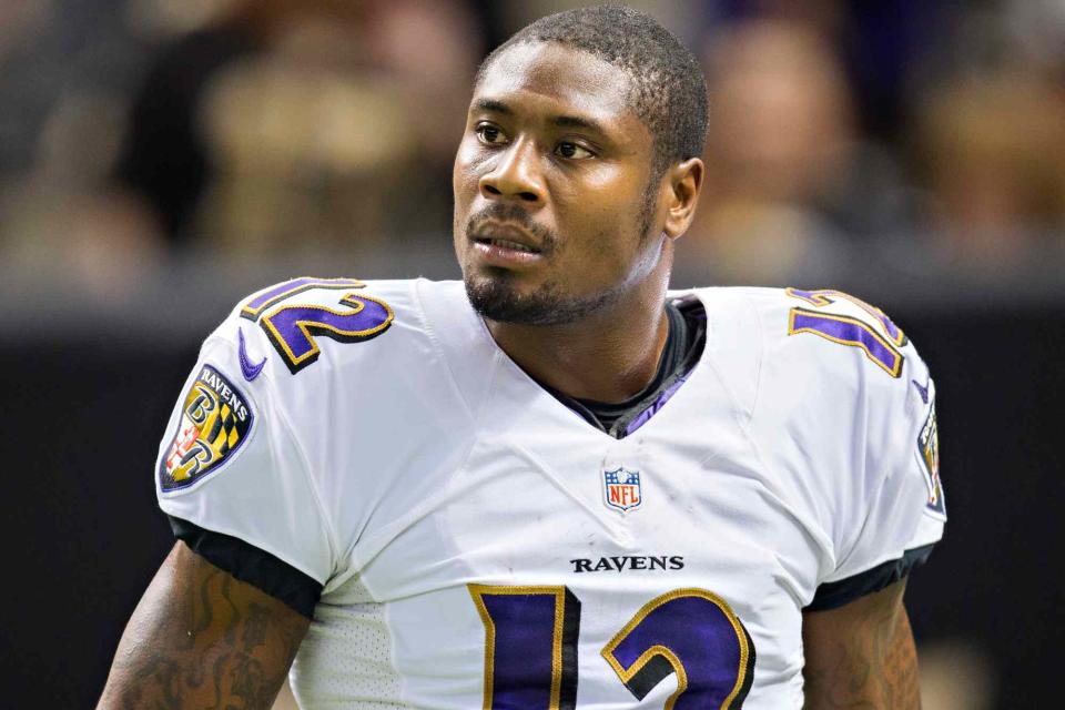 <p>Wesley Hitt/Getty </p> Jacoby Jones in 2014