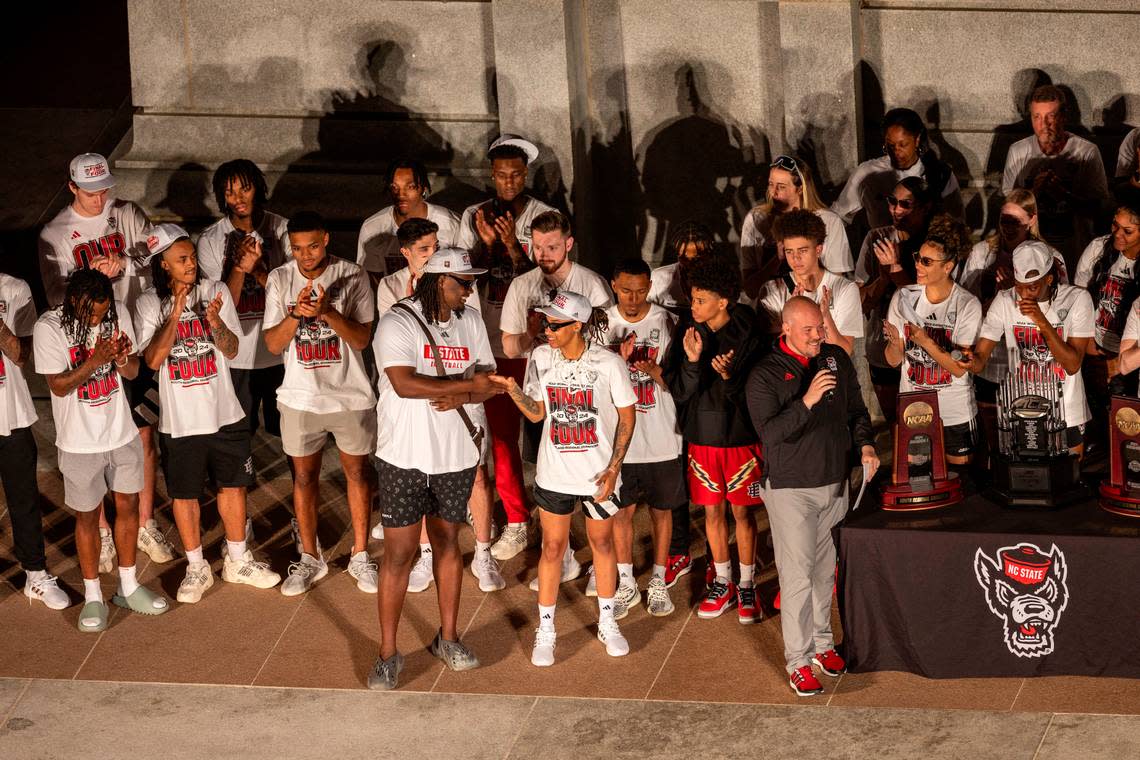 NC State’s men’s and women’s basketball teams celebrate their Final Four runs at the Memorial Belltower on Monday, April 15, 2024.