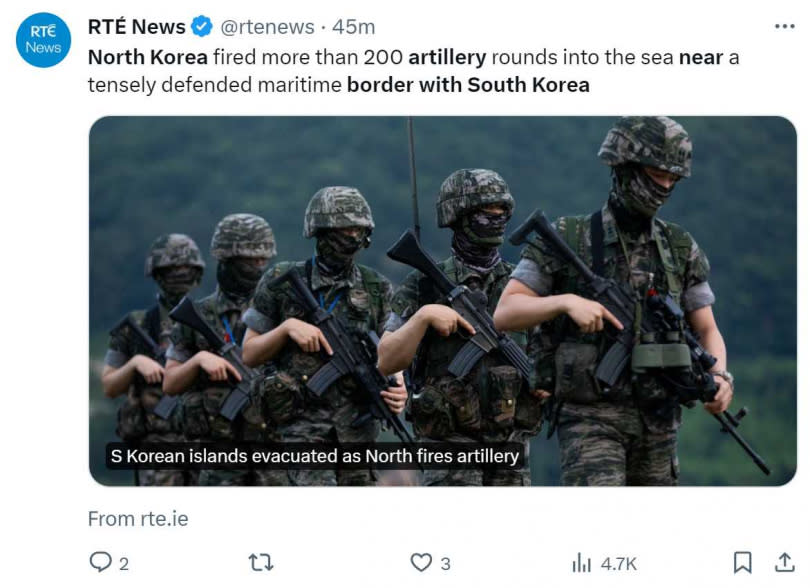 南韓軍方以海上射擊訓練作為對北韓的回應。（圖／翻攝自X）