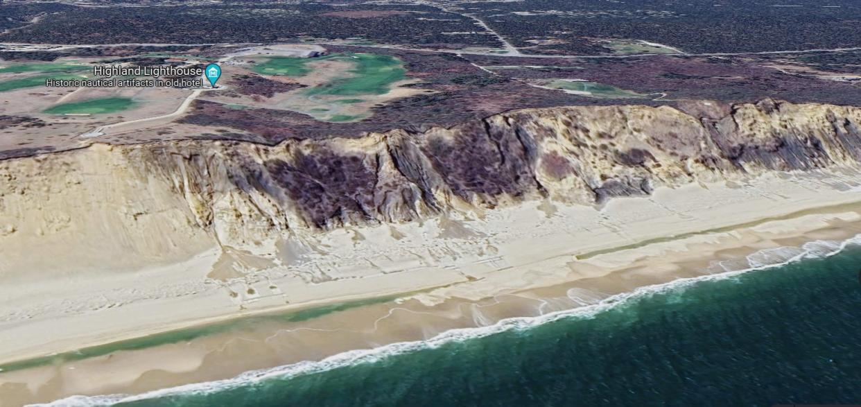 A Google Maps view of the cliffs below Highland Light and the Highland Links golf course in Truro.