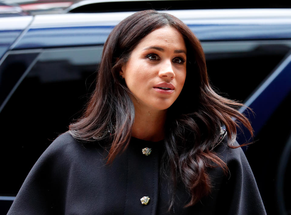 LONDON, UNITED KINGDOM - MARCH 19: (EMBARGOED FOR PUBLICATION IN UK NEWSPAPERS UNTIL 24 HOURS AFTER CREATE DATE AND TIME) Meghan, Duchess of Sussex visits New Zealand House to sign a book of condolence on behalf of The Royal Family following the recent terror attack which saw at least 50 people killed at a Mosque in Christchurch on March 19, 2019 in London, England. (Photo by Max Mumby/Indigo/Getty Images)