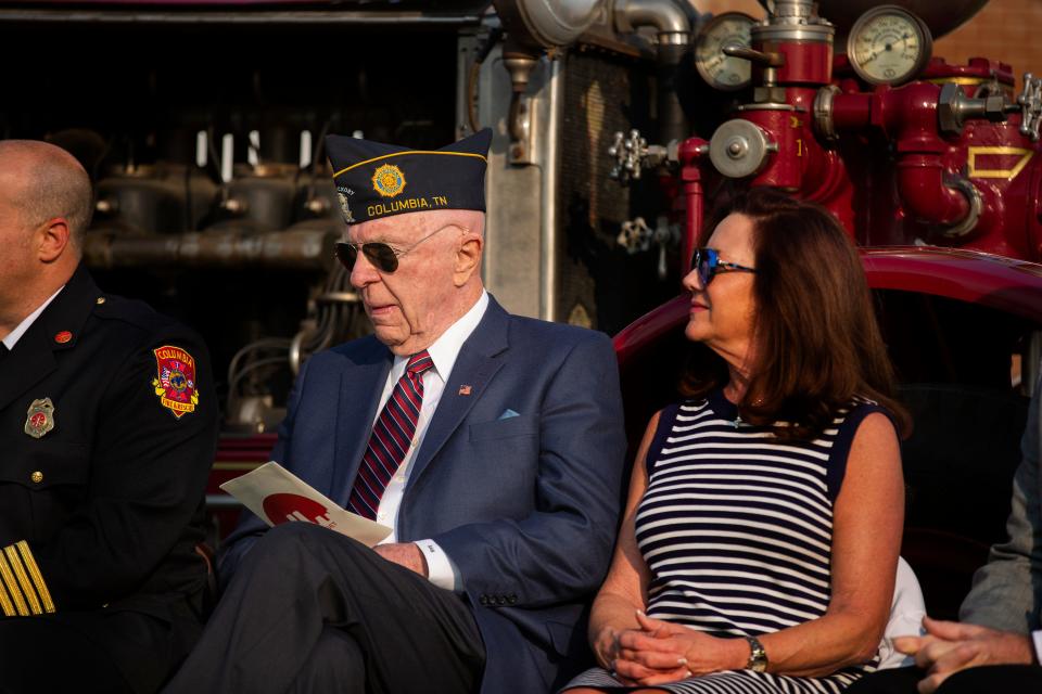 Army National Guard veteran Ashley Brown attends a 9/11 memorial ceremony at Firefighter Park in Columbia Tenn., on Saturday, Sept. 11, 2021.