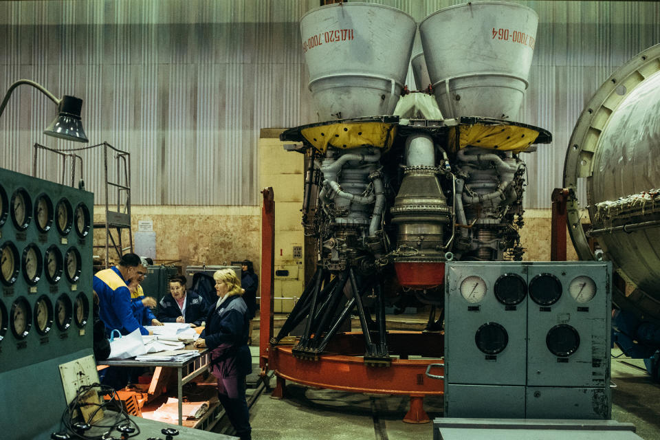 The factory’s old missile workshops now produce rockets that launch satellites into orbit