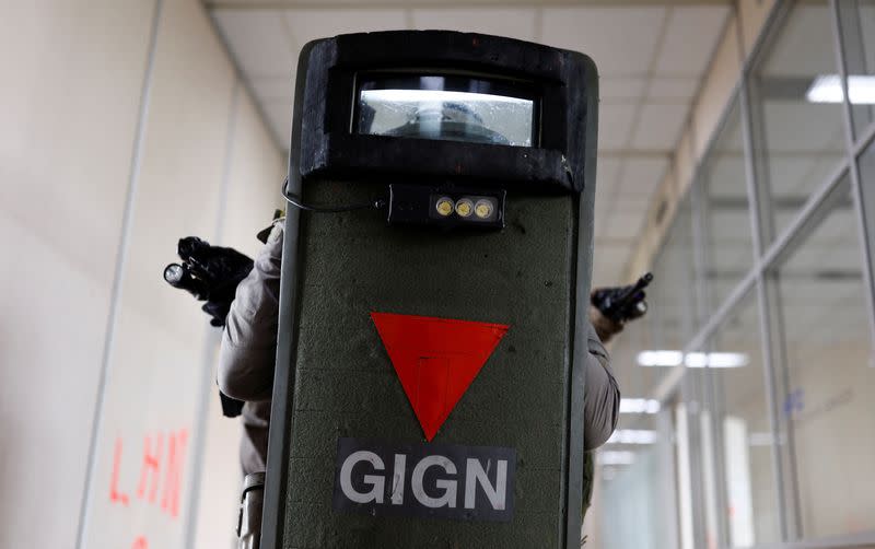Gendarmes of the French National Gendarmerie Intervention Group (GIGN) take part in a drill near Paris