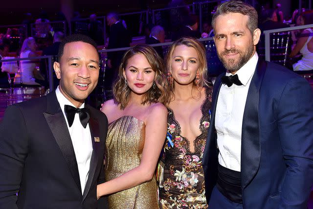 <p>Patrick McMullan/Patrick McMullan via Getty</p> John Legend, Chrissy Teigen, Blake Lively and Ryan Reynolds